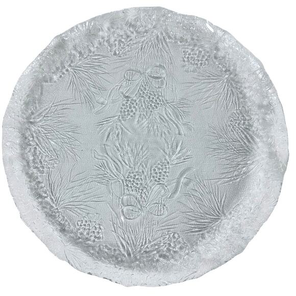 Holiday Clear Glass with Bells Bows Pinecones & Evergreens Platter-Set of 2 - Picture 2 of 7